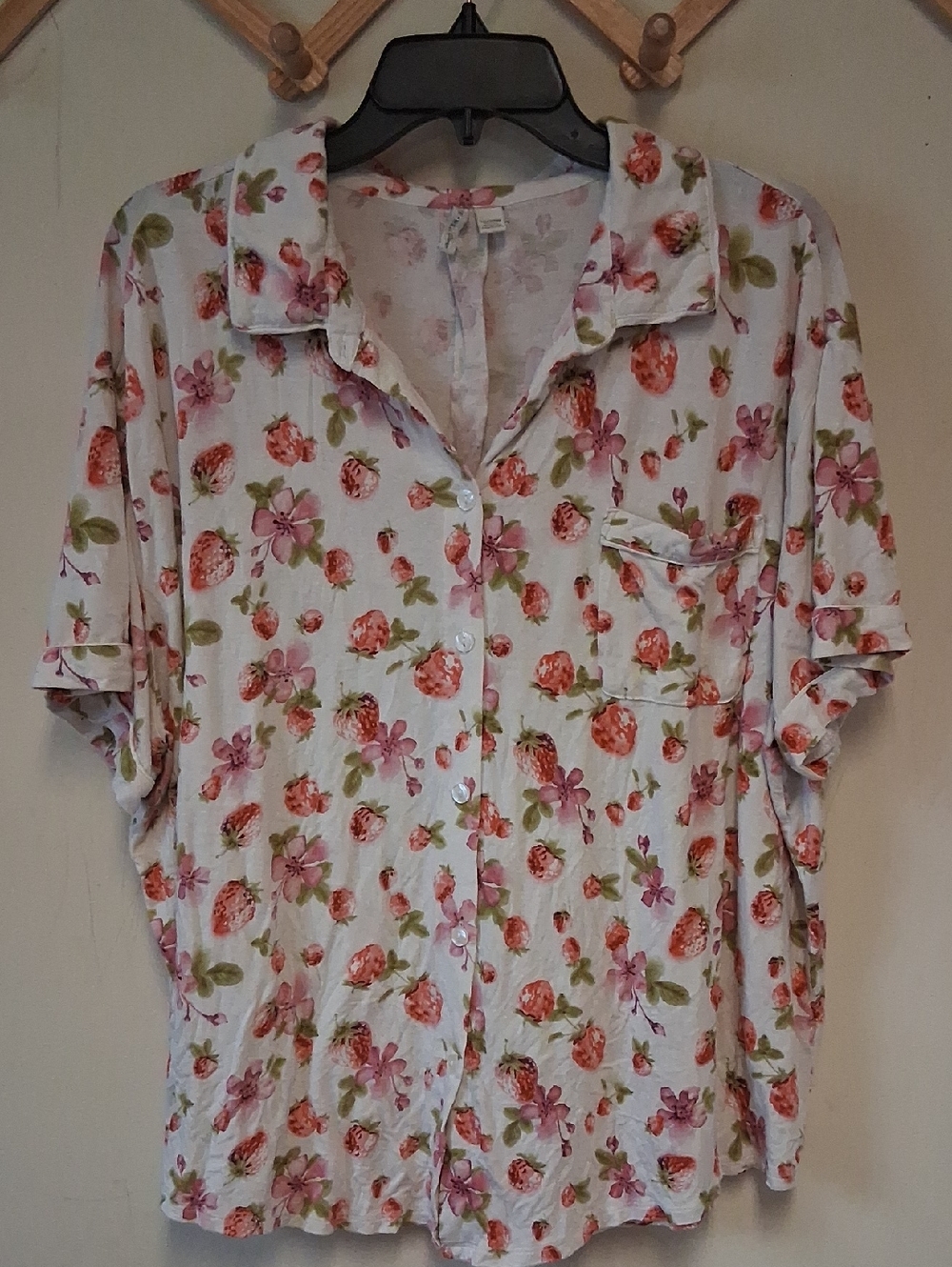 Strawberry Floral Button-Up Blouse in Cream, Pink & Green
